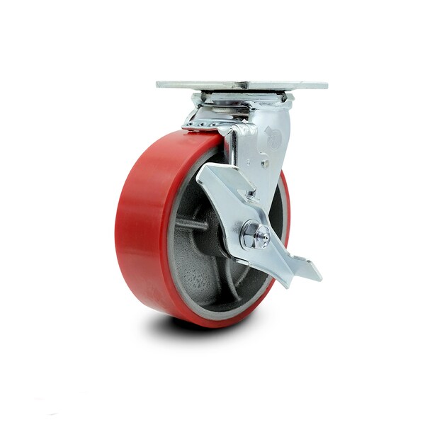 6 Inch Red Poly on Cast Iron Swivel Caster with Roller Bearing and Brake SCC